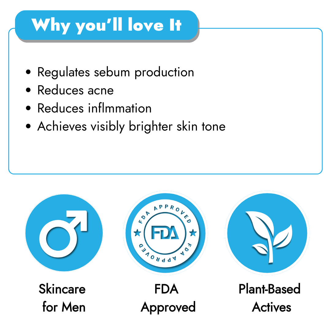 Mantittude Facewash regulates sebum productino, reduces agne and brightenes skin tone.