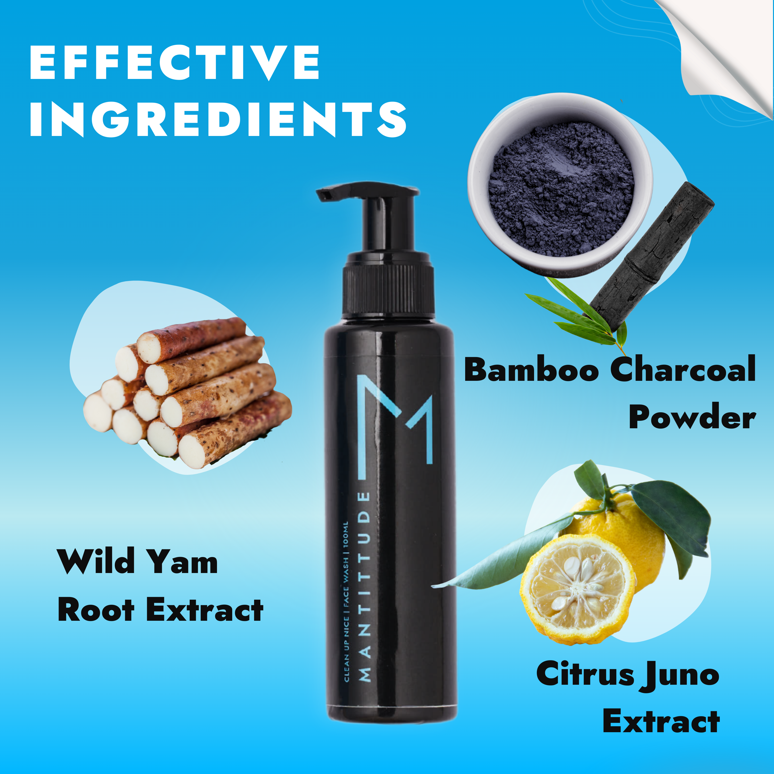 charcoal facewash ingredients - plant based ingredients like bamboo charcoal powder, wild yam and citrus juno.
