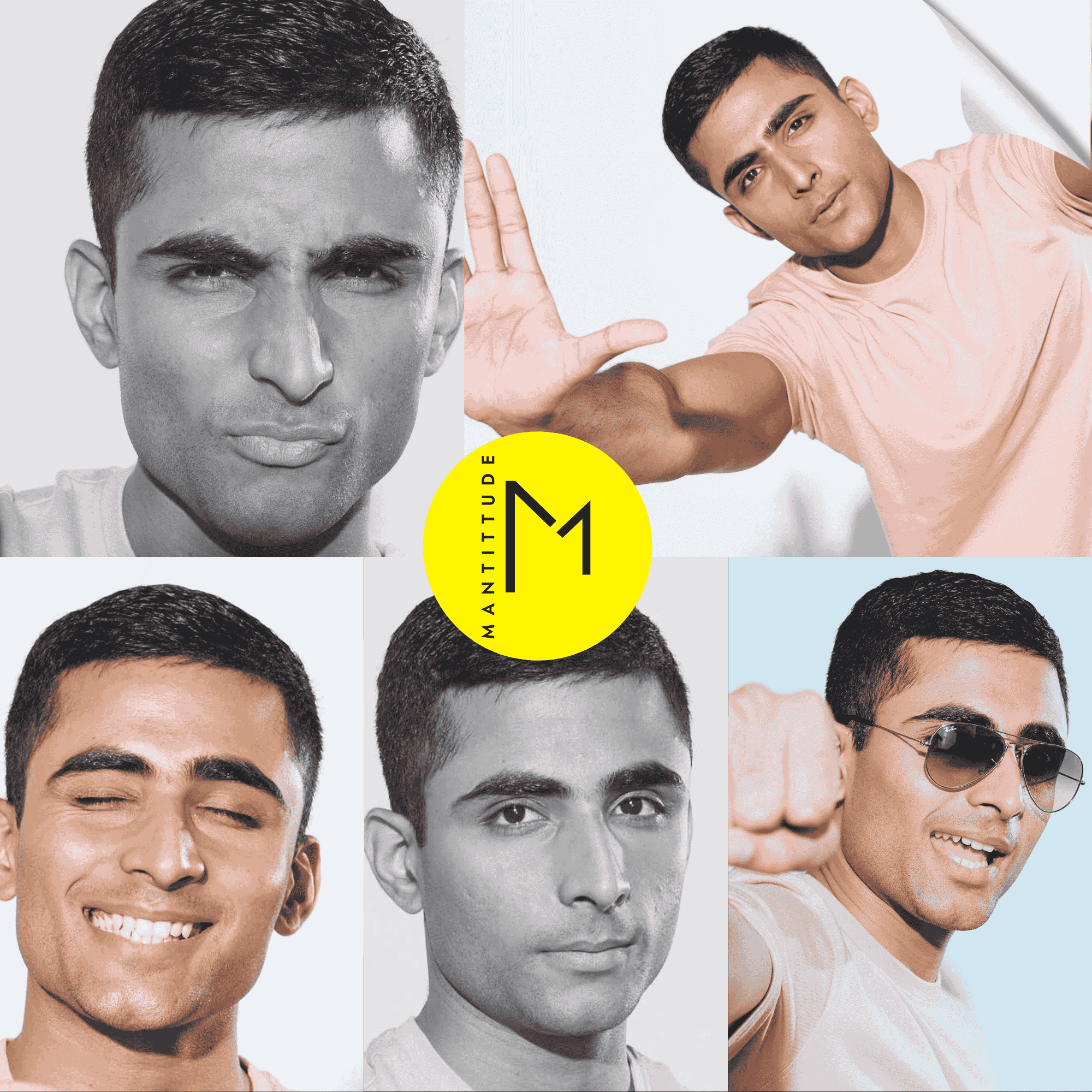 Playful male expressions with Mantittude SPF 50 sunscreen, fun men’s skincare for UV protection and even skin tone.