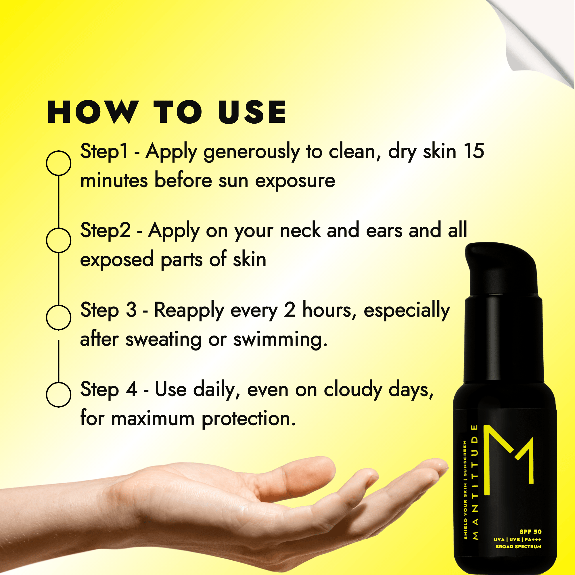 "Wash face, apply coin-sized sunscreen evenly on face, neck, ears, let absorb 15 mins, reapply every 2 hours."