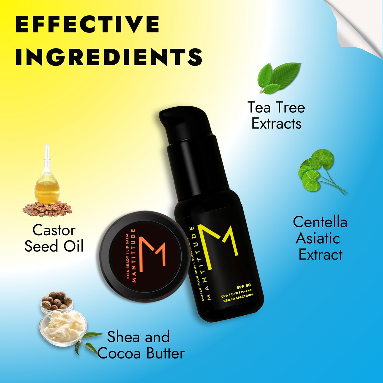 lip balm for men with shea and cocoa butter and sunscreen for men with tea tree extracts